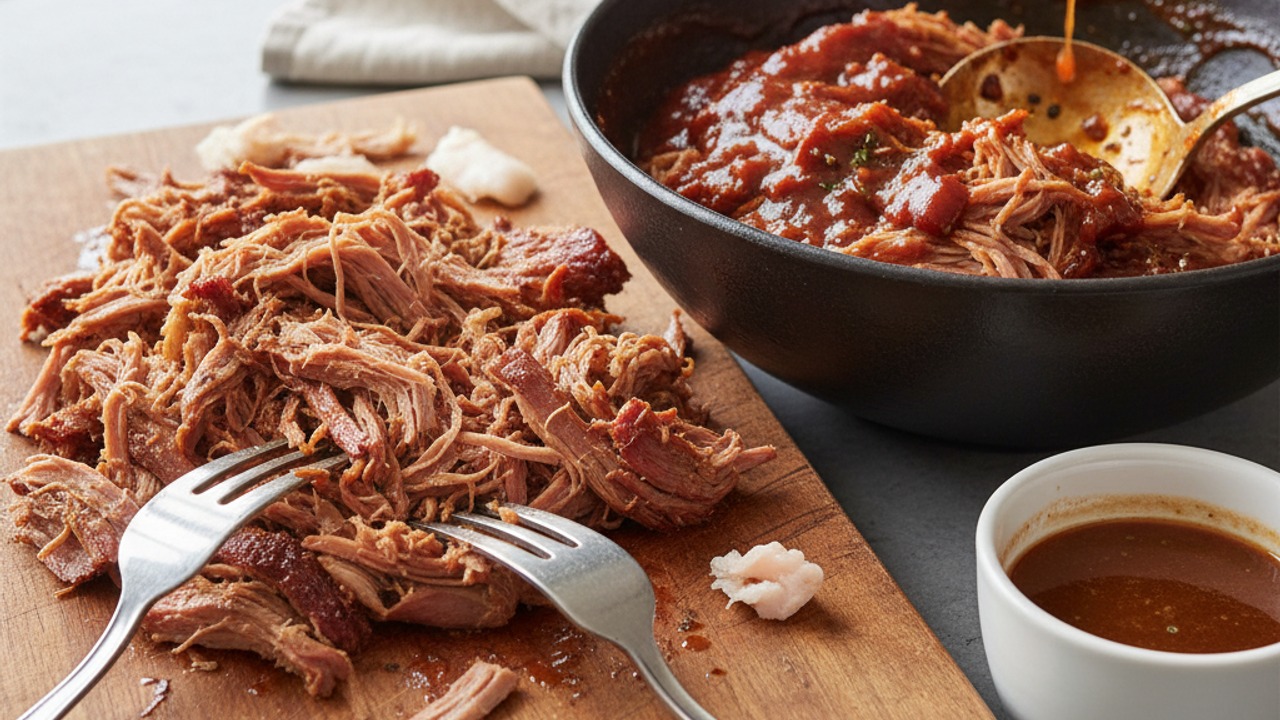 Shred the pork and mix with sauce
