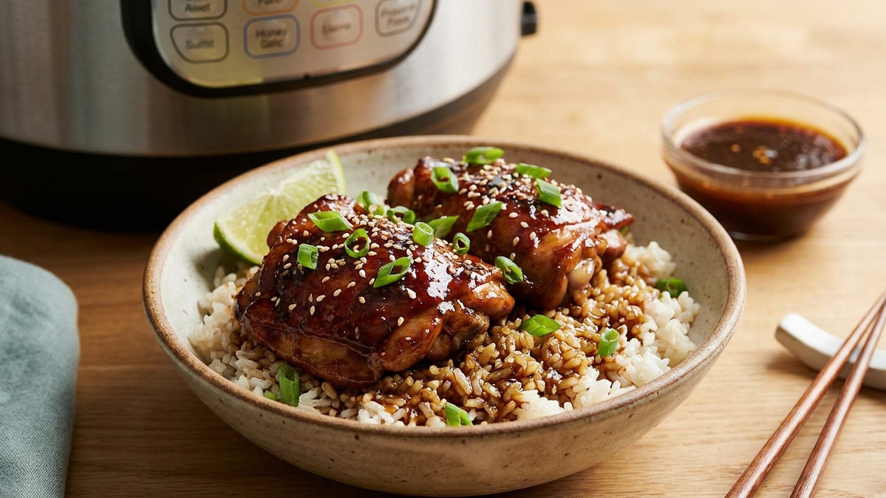 Instant Pot Honey Garlic Chicken Thighs with Sauce-Soaked Rice Bowl