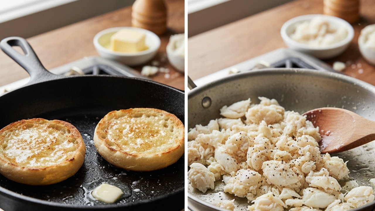 Toast muffins and warm the crab