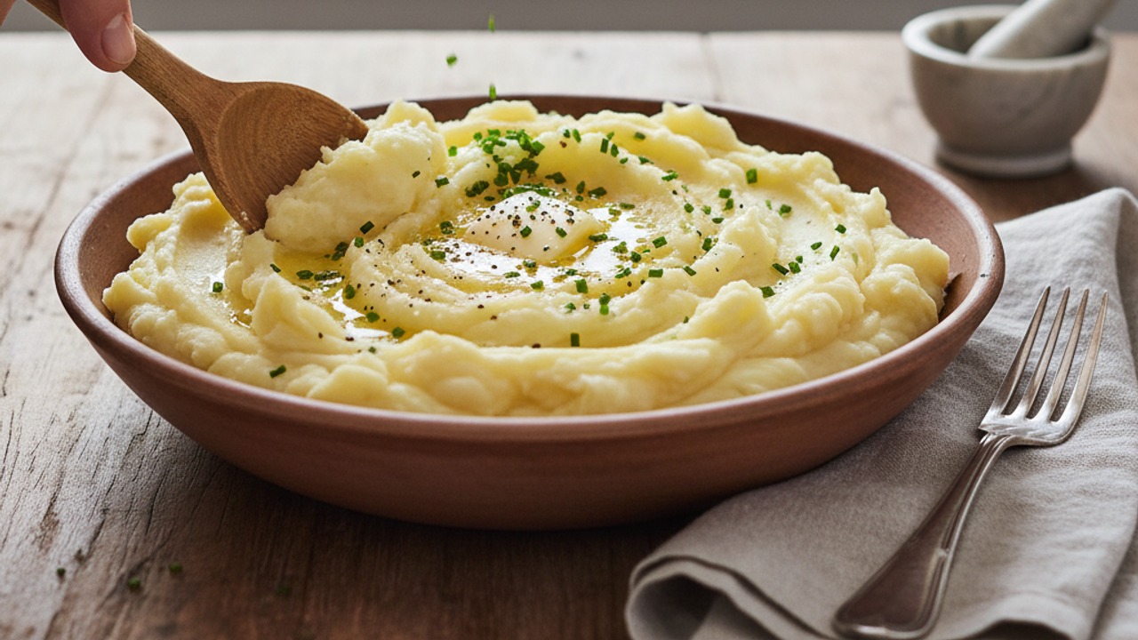 Mash and fold in butter, milk, sour cream, and seasoning