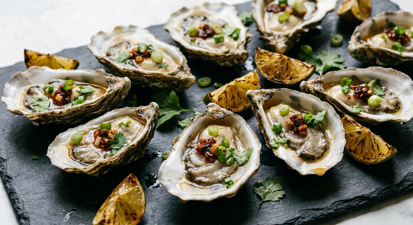 Charcoal-Grilled Oysters with Brown-Butter Garlic, Chili Crisp & Charred Lime
