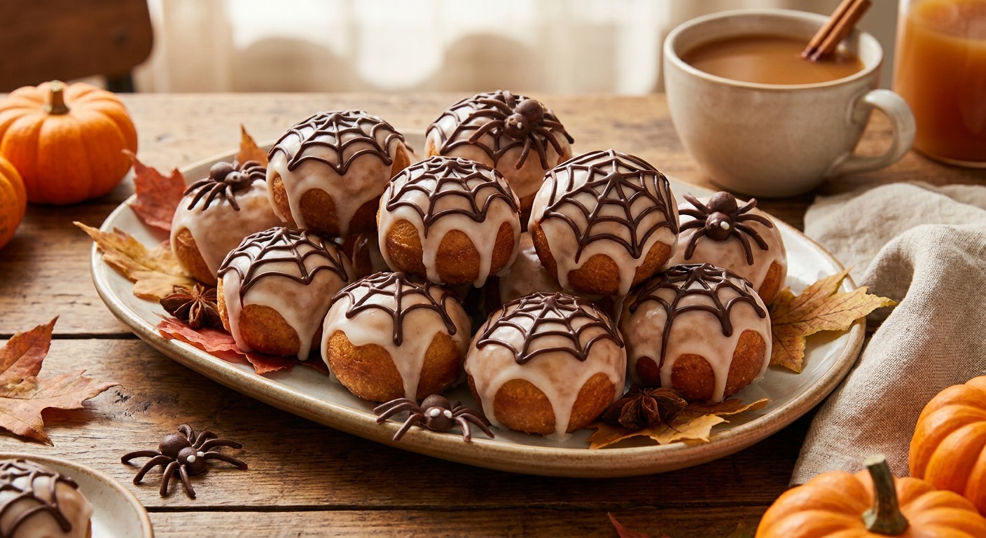 Air Fryer Pumpkin Donut Holes with Spider Web Glaze