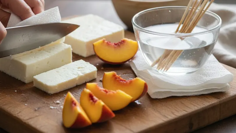 Prepare cheese, fruit and skewers