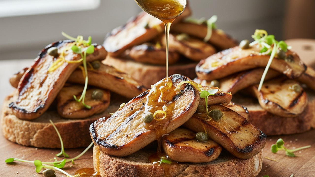 Grilled King Oyster Mushroom 'Scallops' with Lemon-Caper Brown Butter on Crispy Sourdough