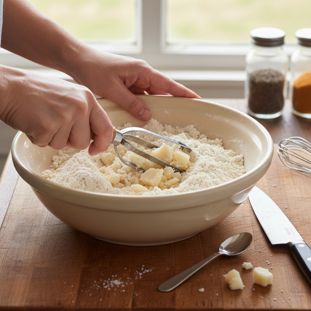 Combine dry ingredients and cut in tallow