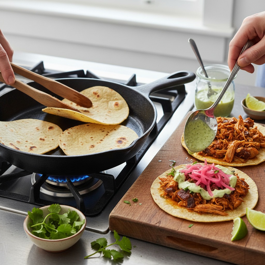 Warm tortillas and assemble tacos
