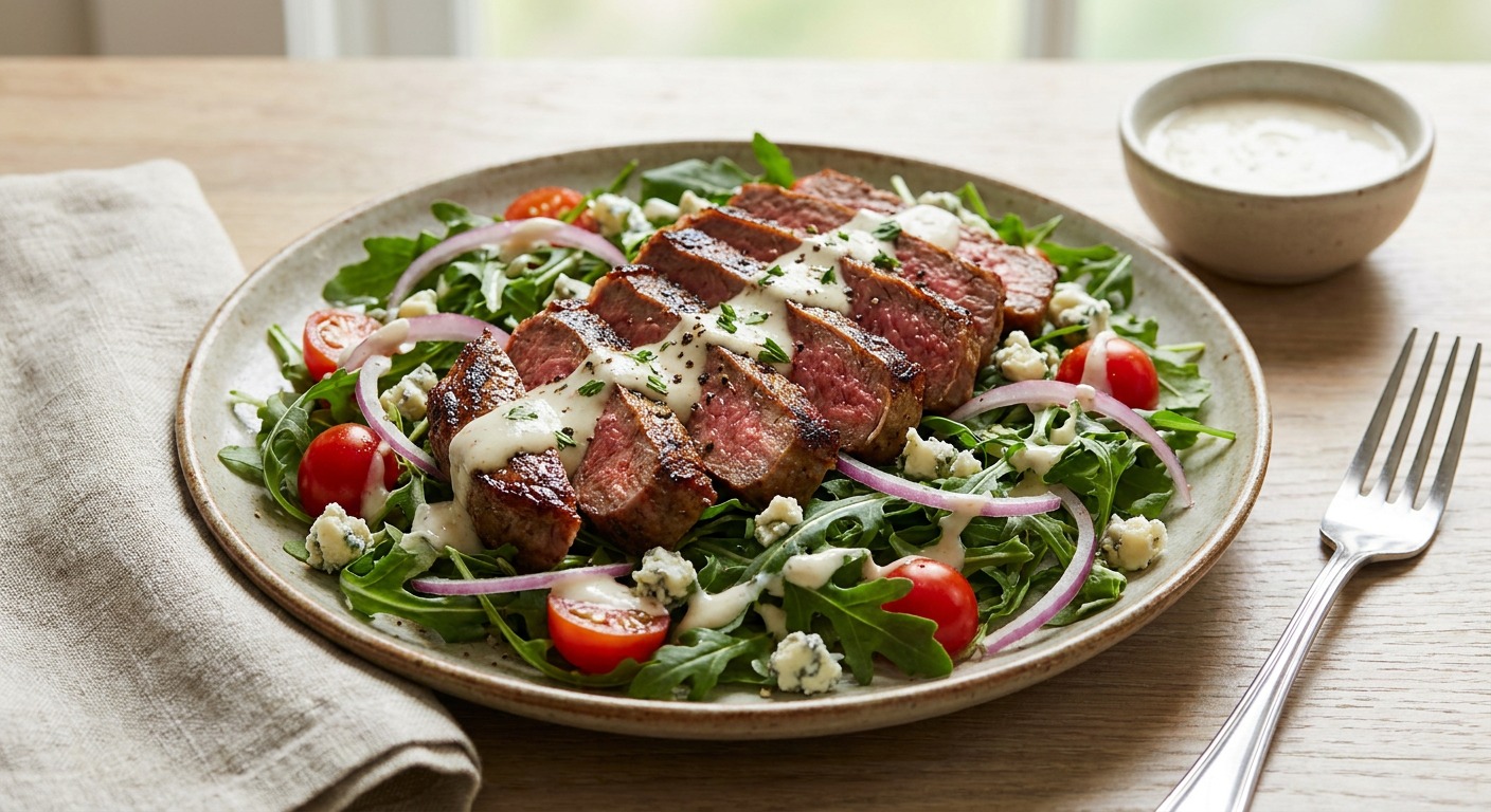 Warm Steak Salad with Arugula, Horseradish Vinaigrette and RUB PRIME STEAK