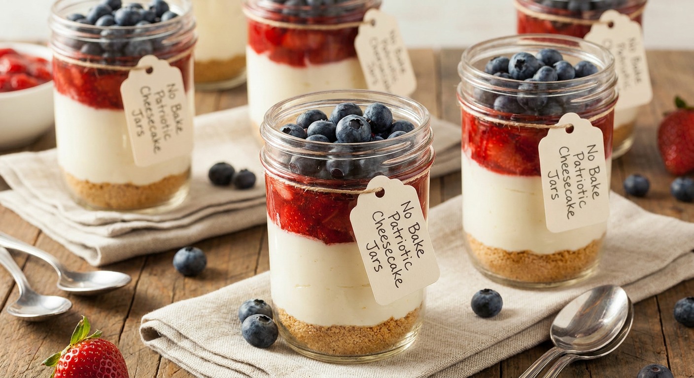No Bake Patriotic Cheesecake Jars with Berry Compote