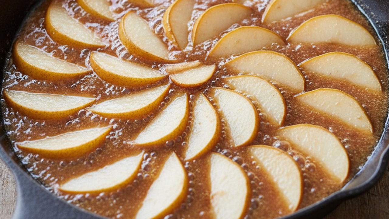 Make the caramel and arrange pears