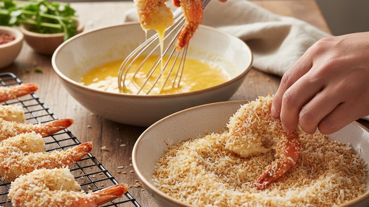 Dredge in egg, then coconut-panko