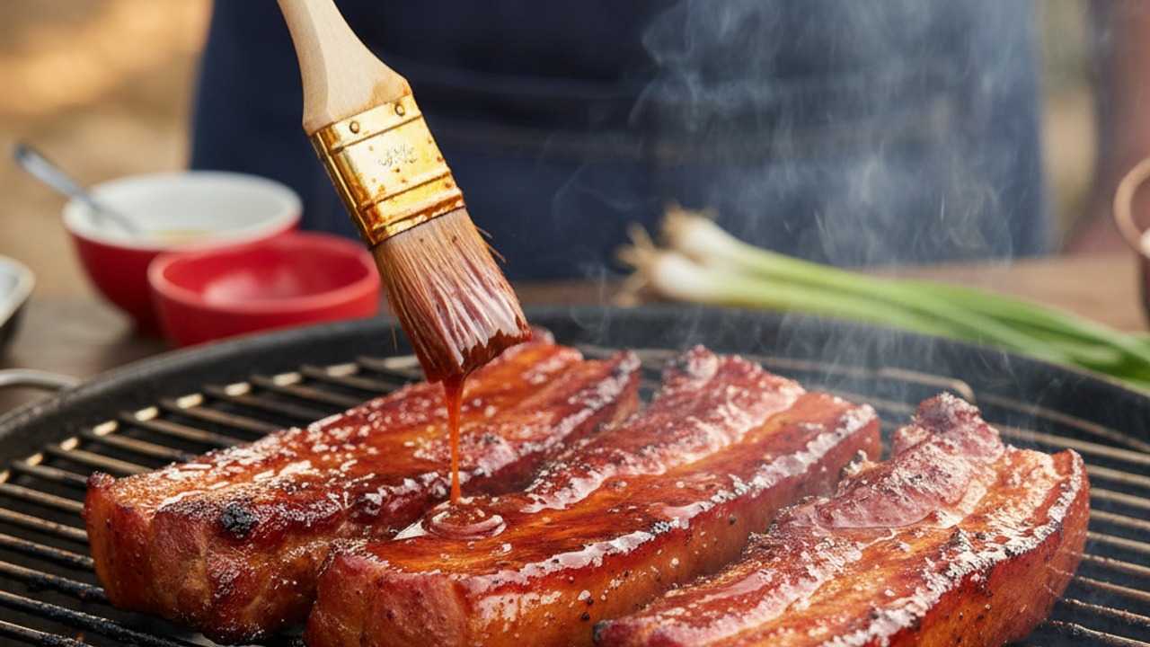 Sear the pork over direct heat, basting