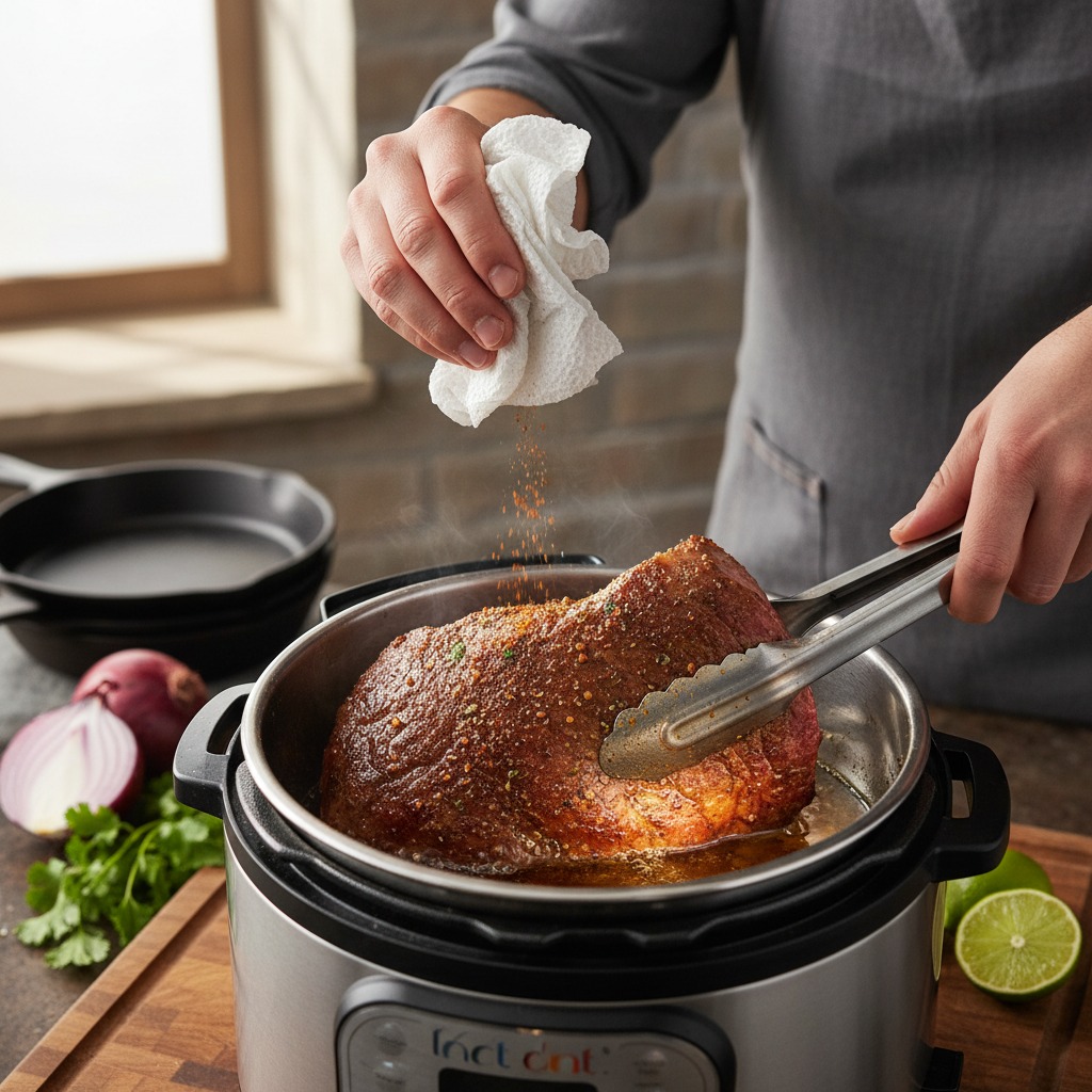 Pat, season and sear the roast