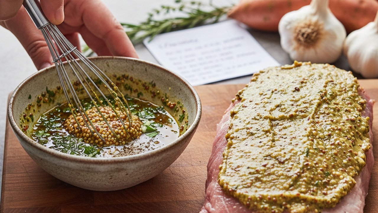 Make the mustard‑herb rub and season the pork