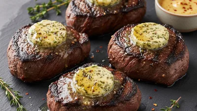 Butter‑Basted Grilled Filet Mignon with Charred Garlic‑Herb Butter & Smoky Dijon Dipping Sauce