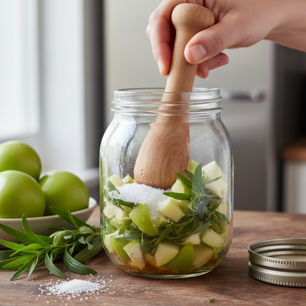 Macerate the fruit with sugar and herbs