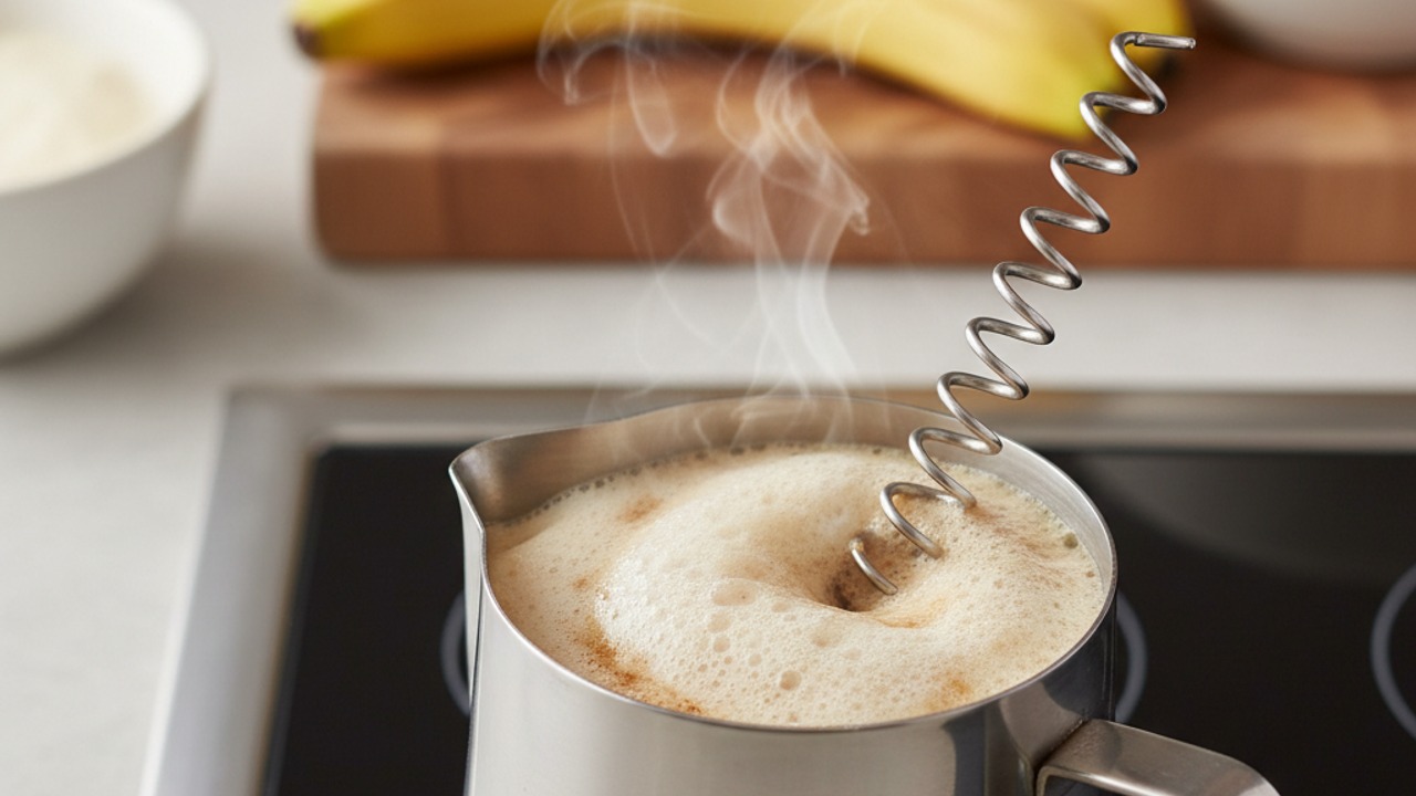 Heat and froth the milk with banana mixture