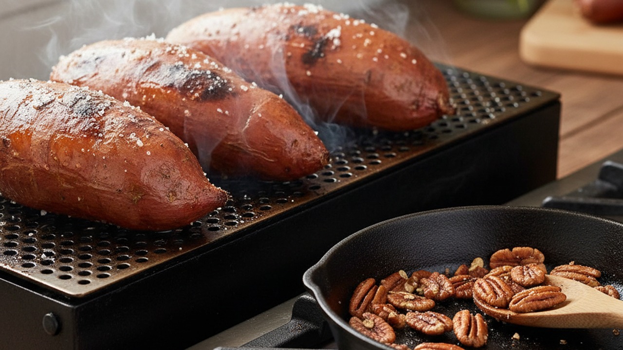 Smoke (or roast) the sweet potatoes and toast pecans