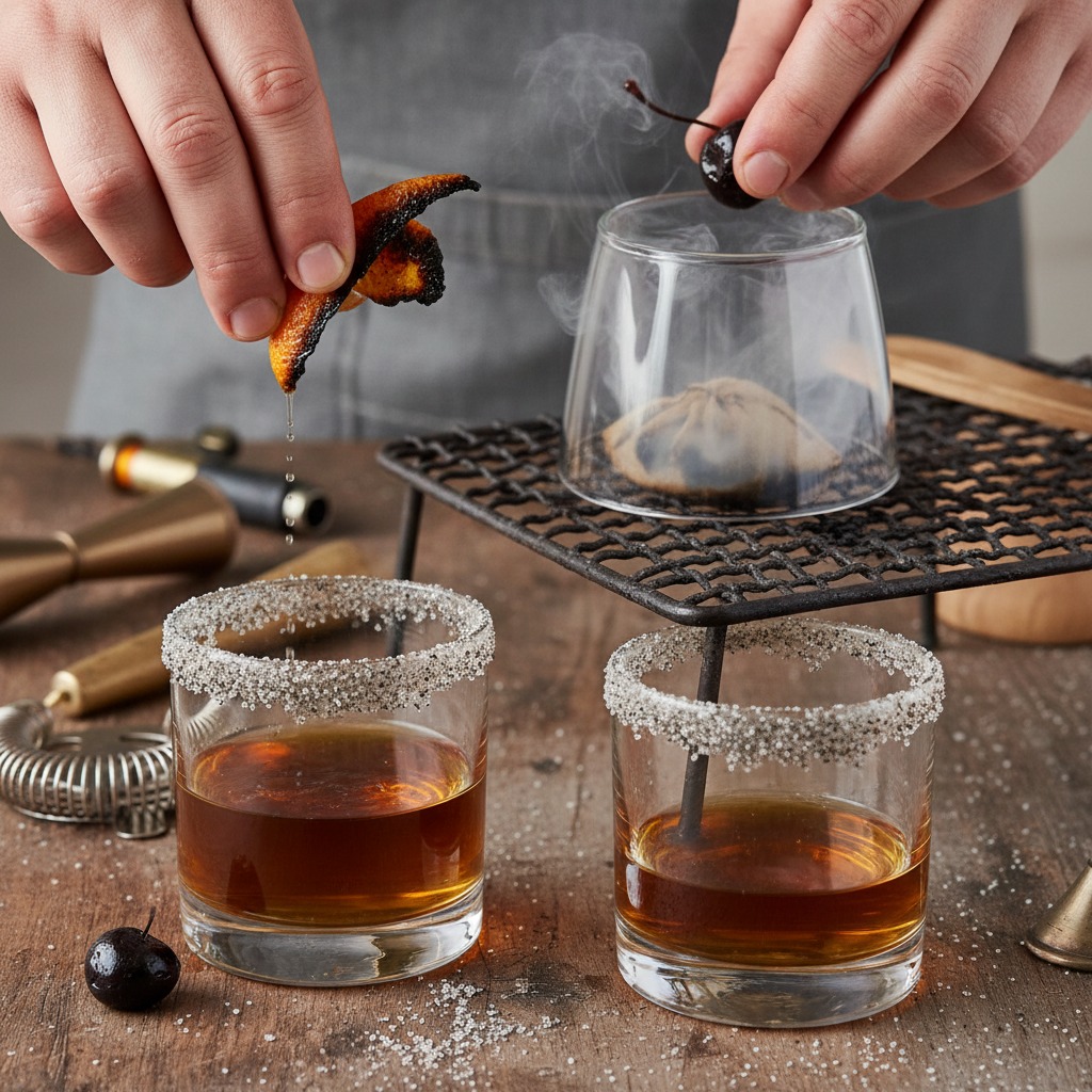 Finish with charred orange oil, smoked cherry, and optional trapped smoke