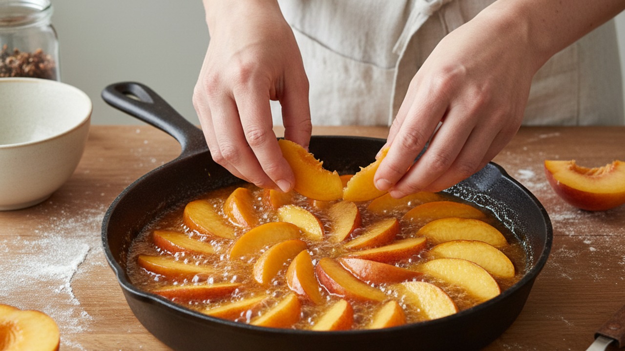 Arrange peaches in the caramel