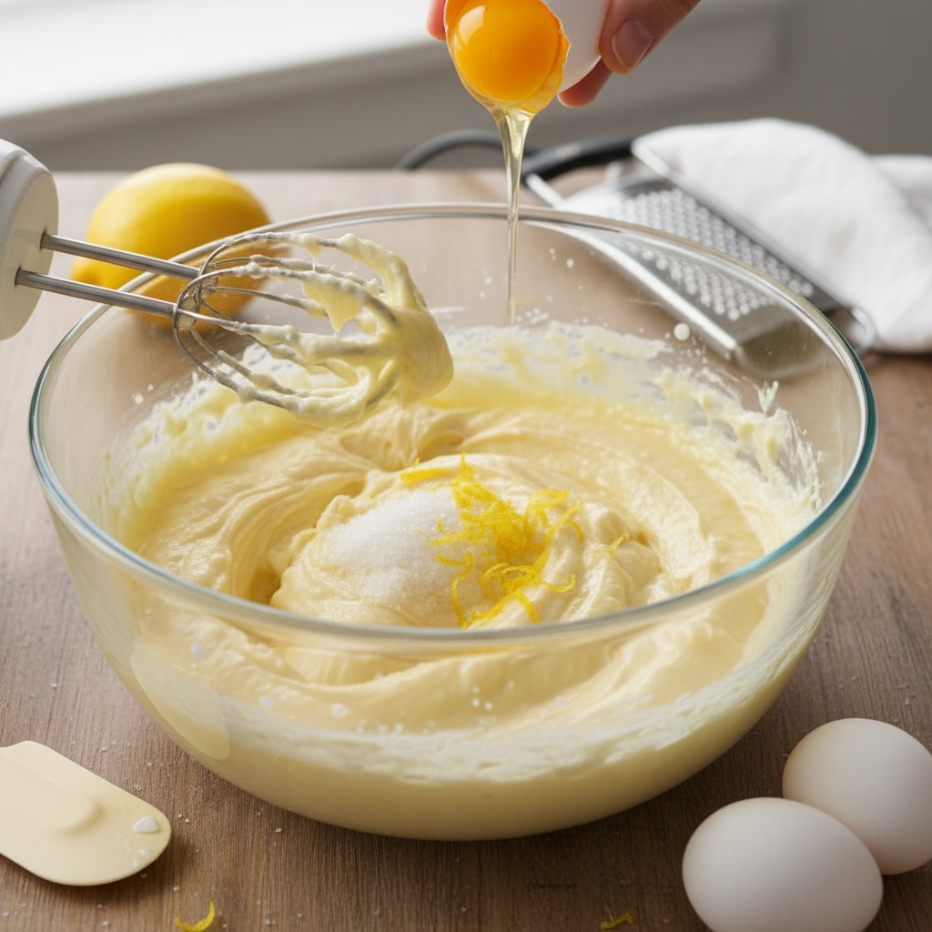 Cream butter and sugar, add eggs and zest
