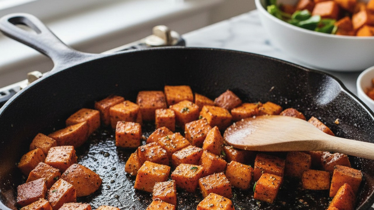 Sear the sweet potatoes