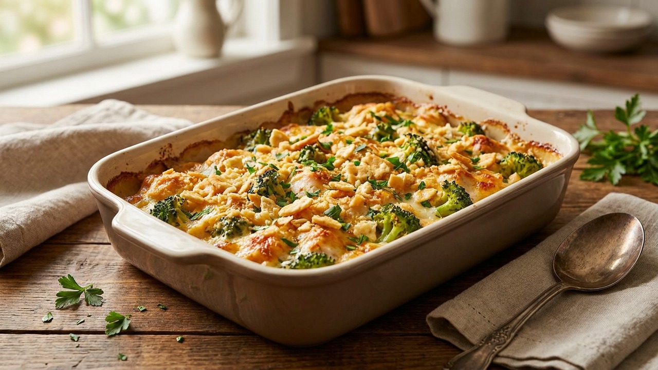 Classic Chicken and Broccoli Casserole with Crispy Cracker Topping