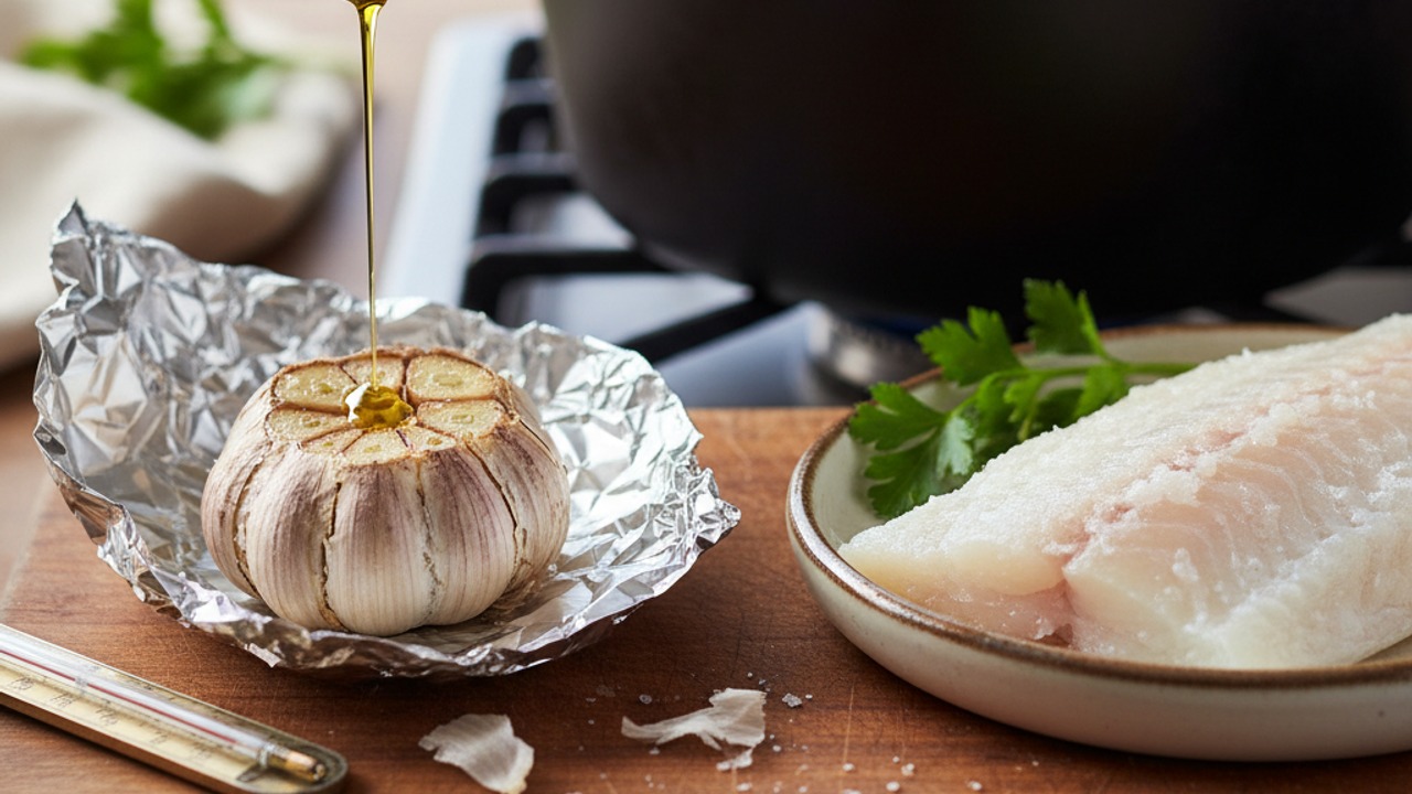 Roast garlic and prepare the cod