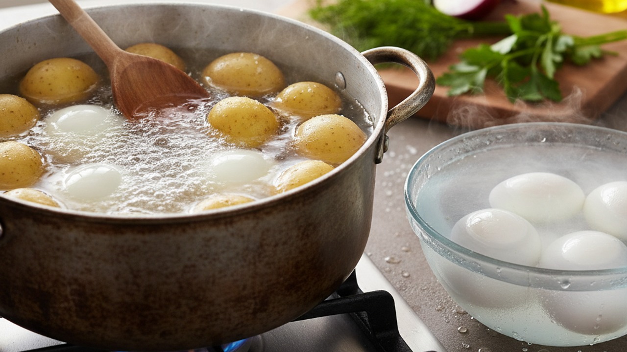 Cook potatoes and hard-boil eggs