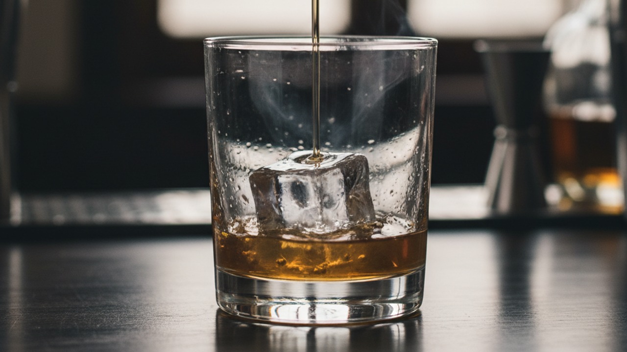 Strain into the rinsed glass over ice