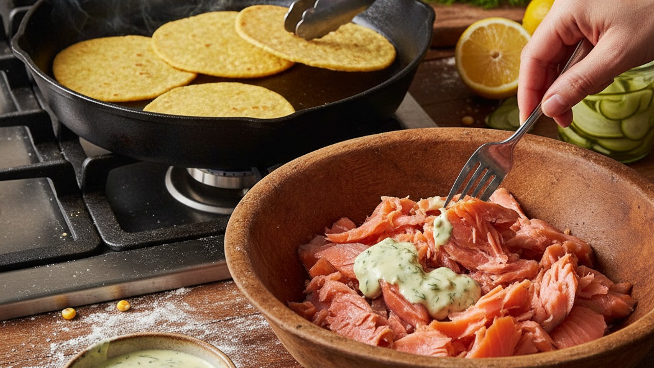 Warm tortillas and flake the salmon