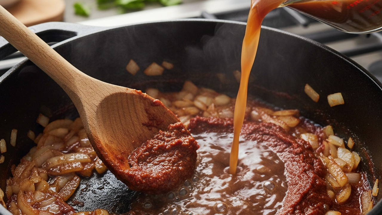 Sauté onion, bloom tomato paste and deglaze