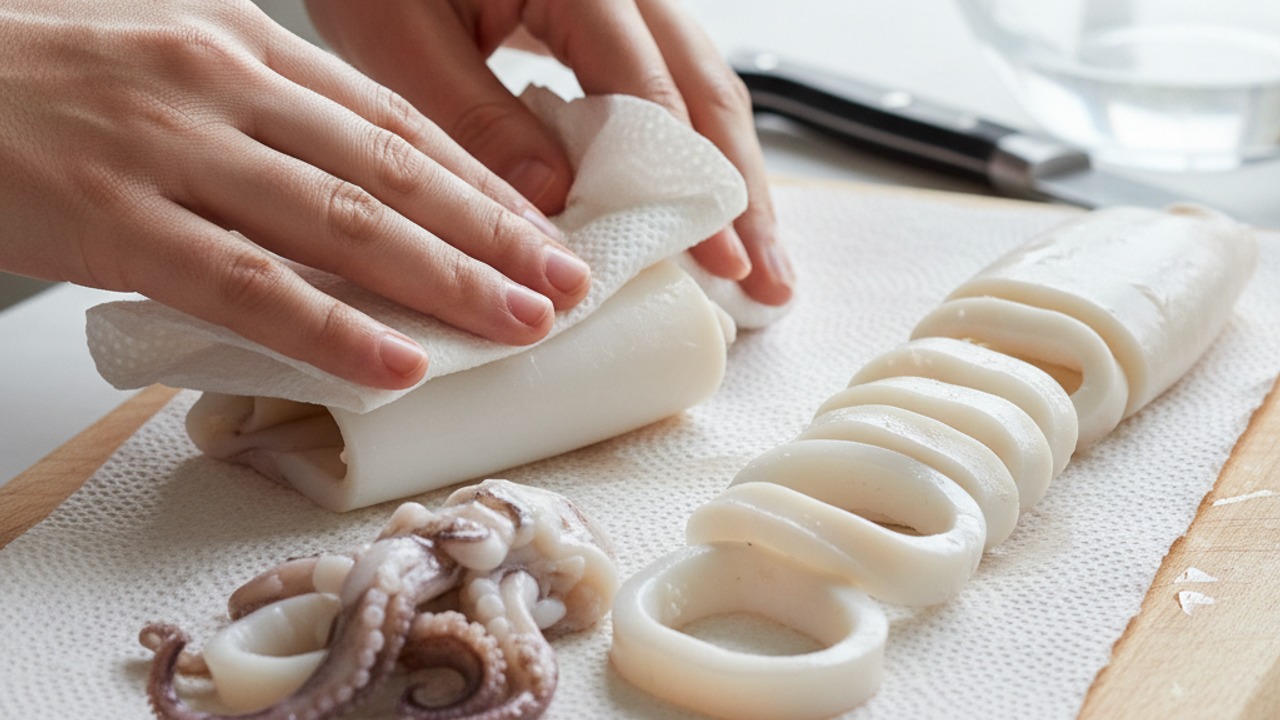 Prepare and dry the squid