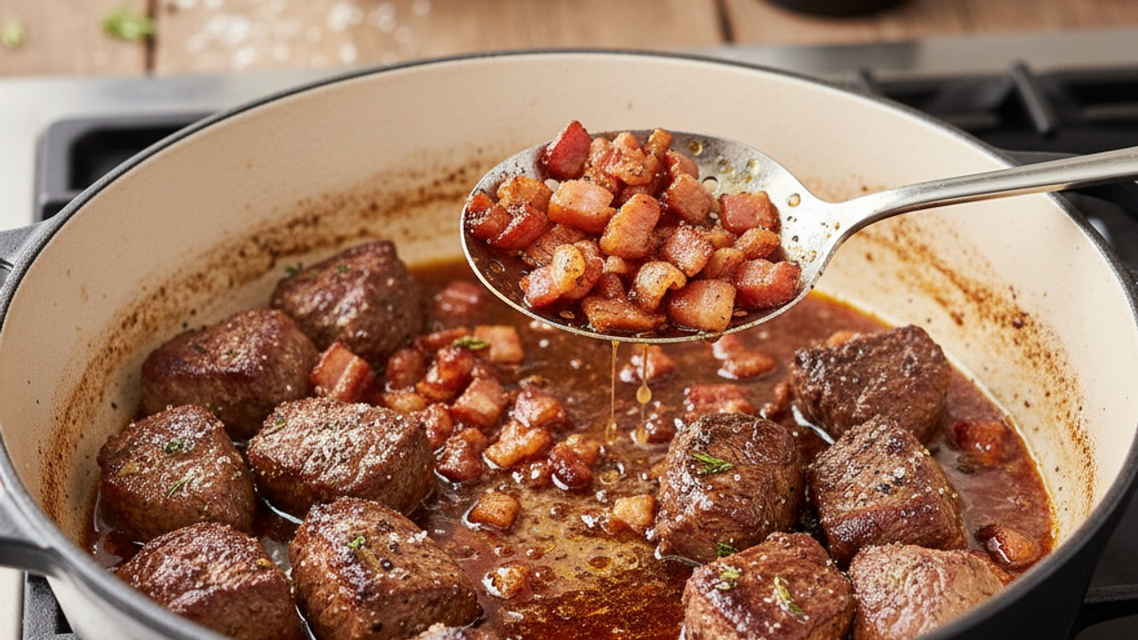 Render bacon and brown the beef