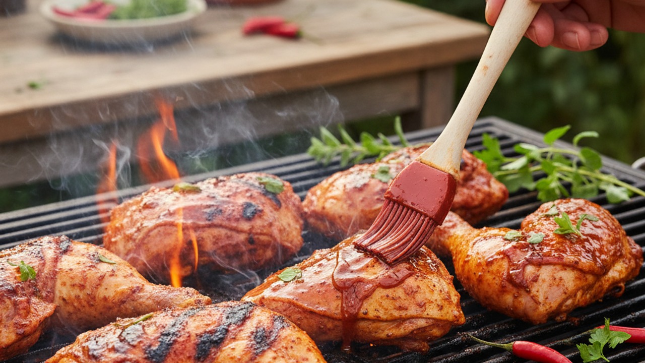 Grill, turning and basting