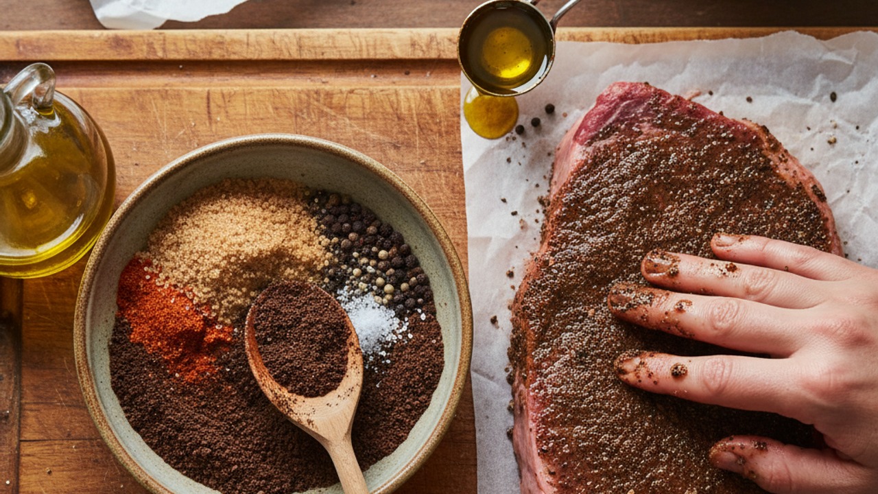 Make the coffee rub and season the steak