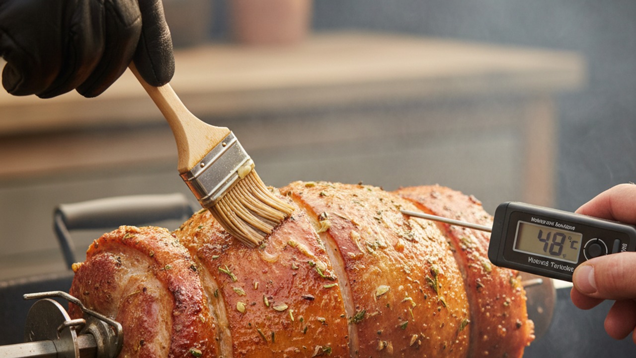 Cook, baste, and monitor internal temperature