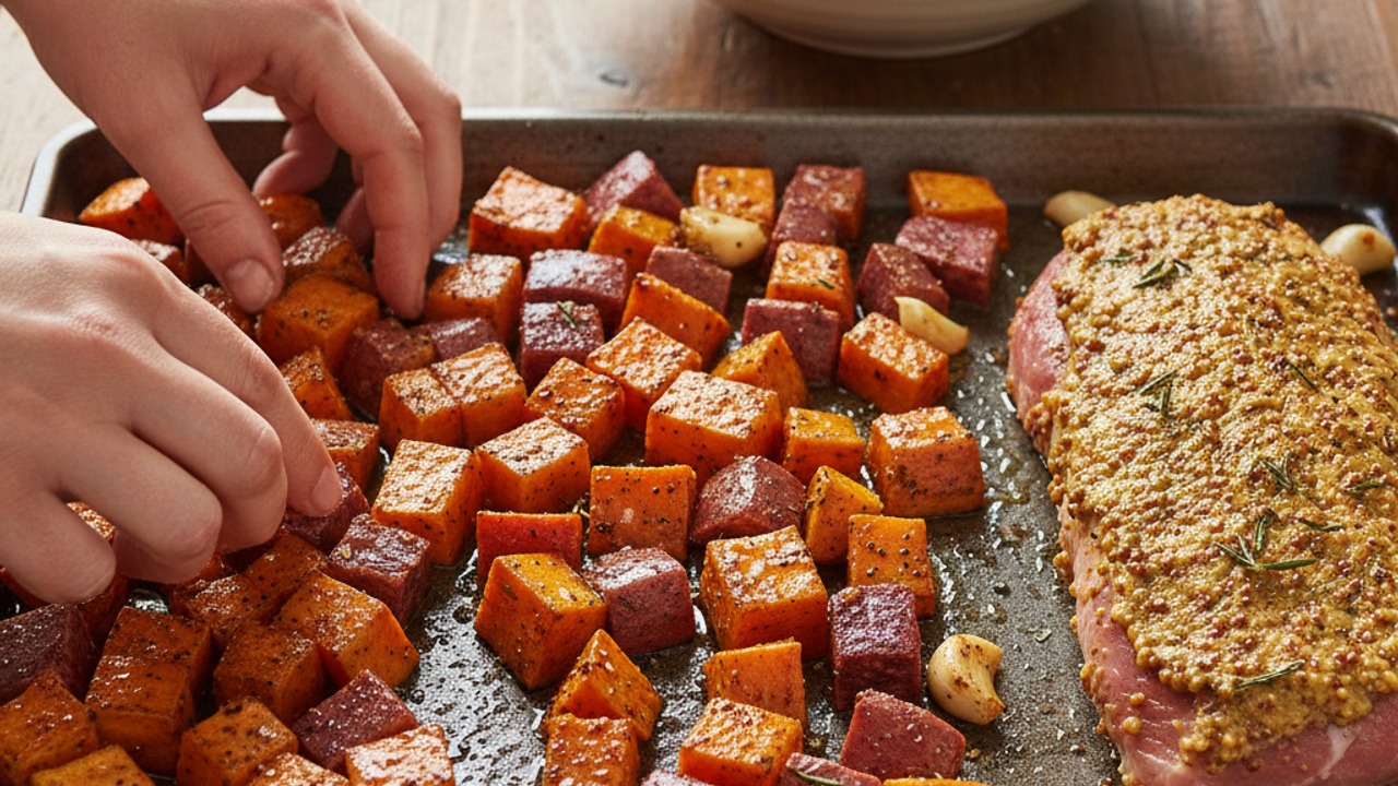 Toss and arrange the sweet potatoes on the sheet pan