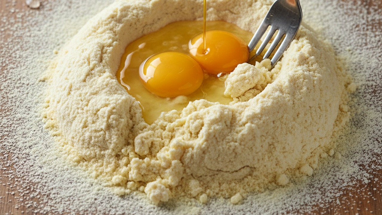 Add eggs and oil, form initial dough