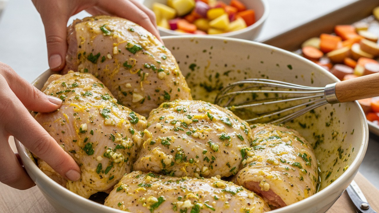 Make the lemon-herb marinade and coat chicken