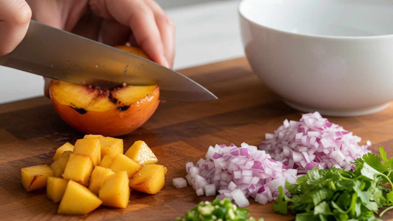 Dice peaches and combine aromatics