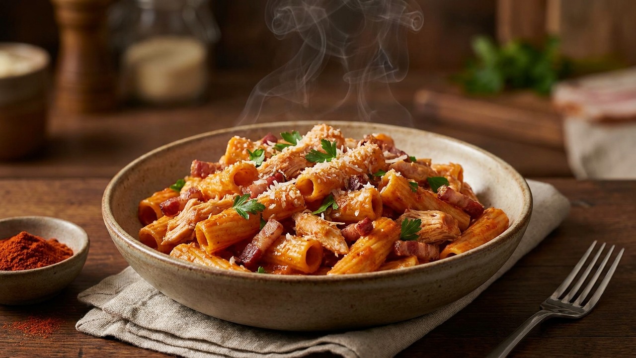 Smoked Chicken and Bacon Rigatoni with Smoked Tomato Cream