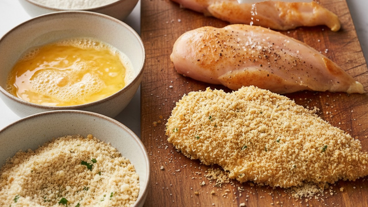 Flatten, season and bread the chicken