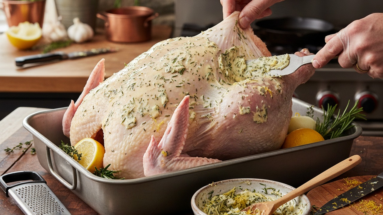 Make herb butter and season cavity