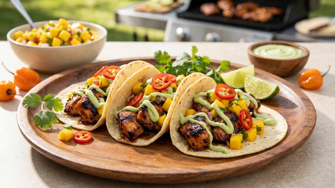 Spicy Mango Habanero Grilled Chicken Tacos with Avocado Crema