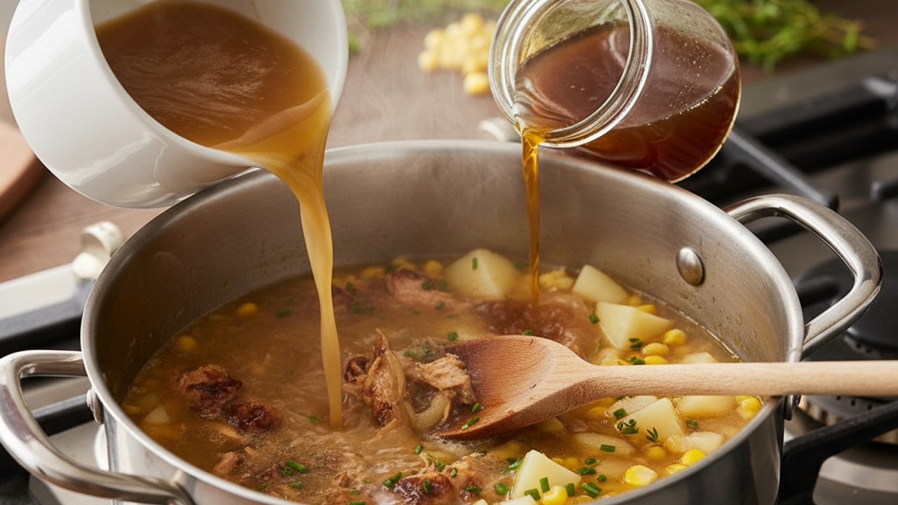 Build the soup with stock and simmer