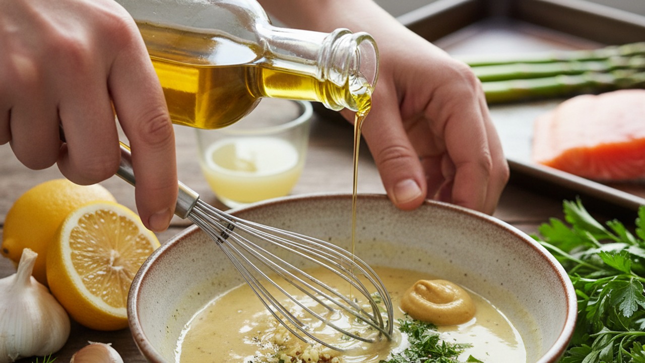 Preheat oven and make lemon-herb dressing