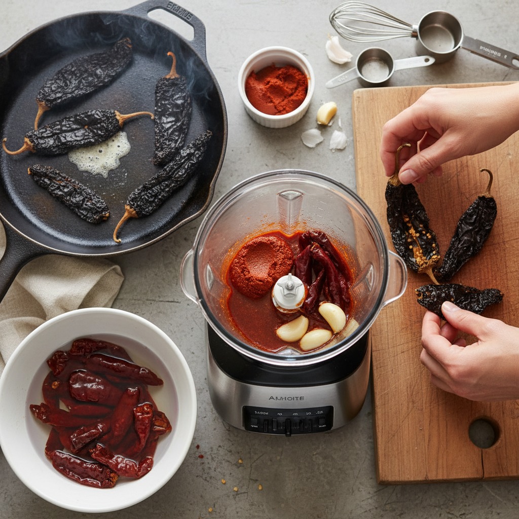 Make the achiote–ancho marinade and marinate the pork