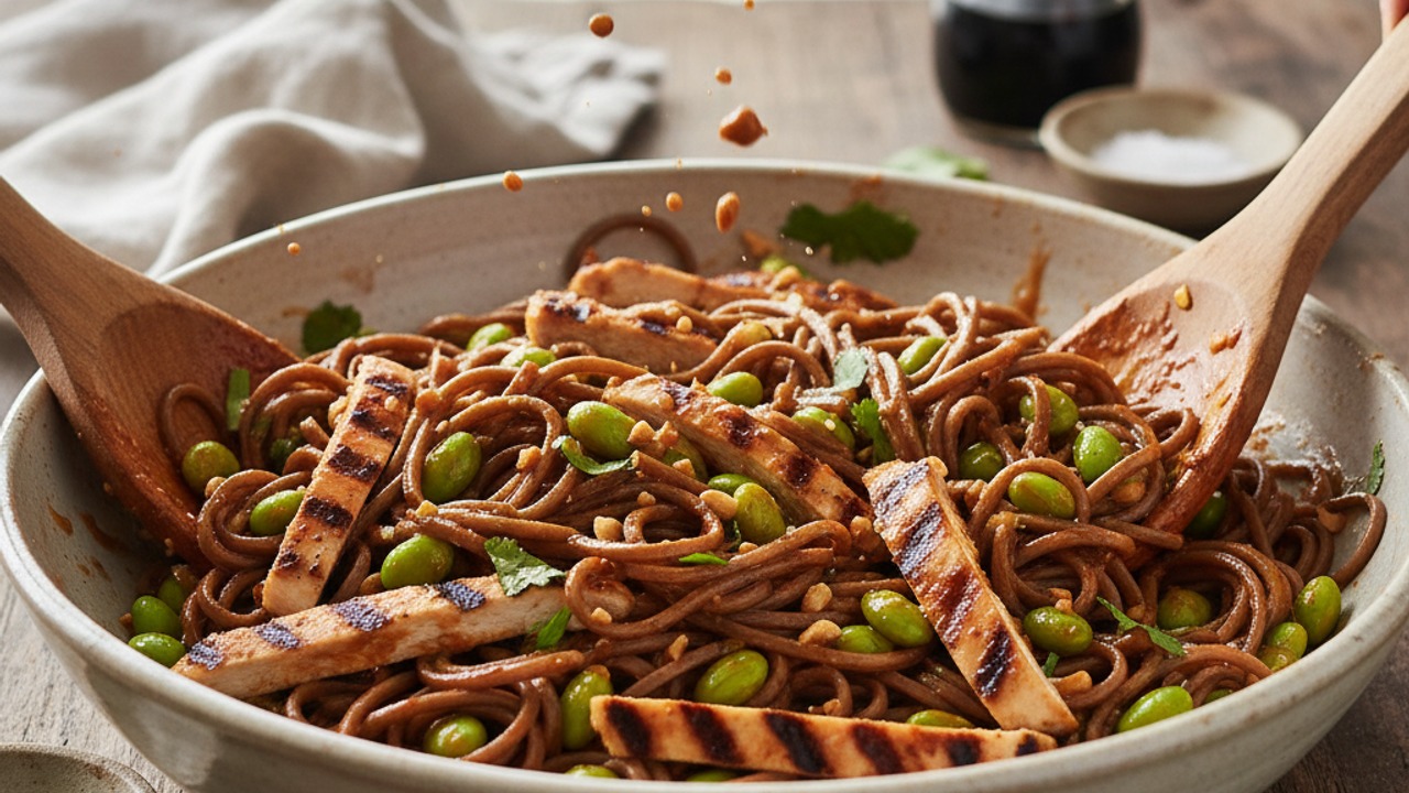 Toss noodles with sauce and chicken