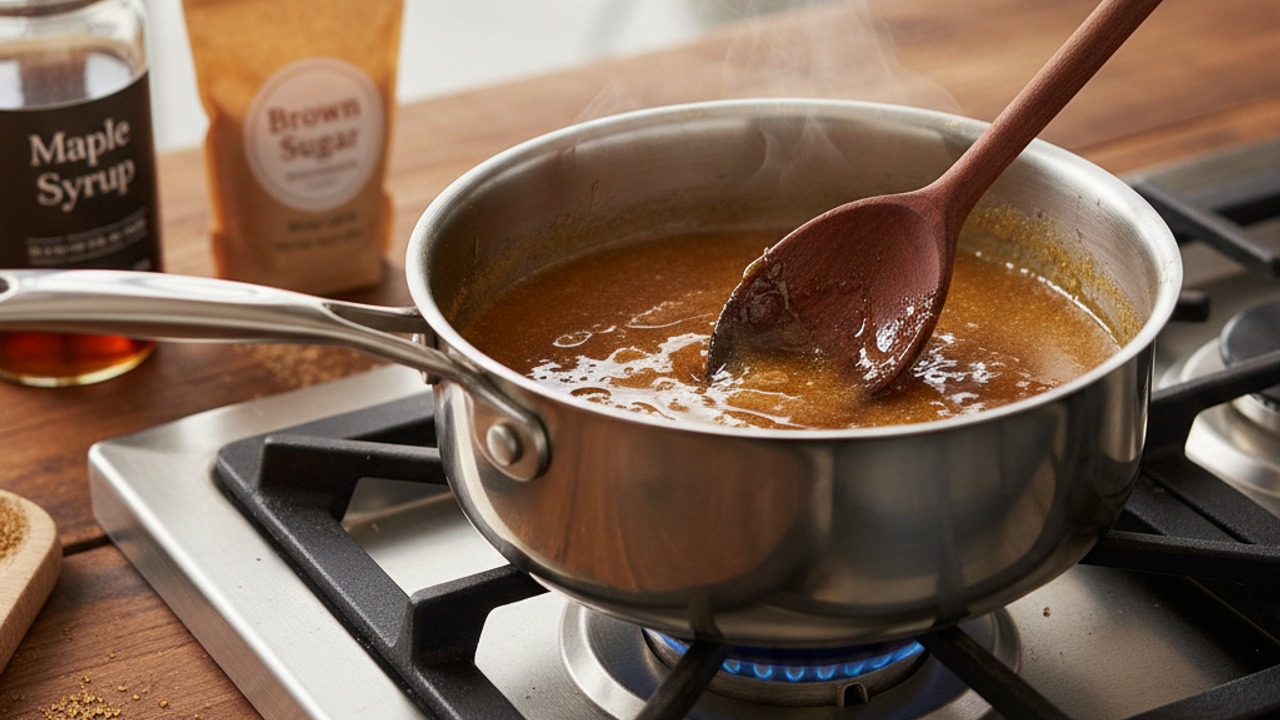 Make the maple–brown sugar glaze