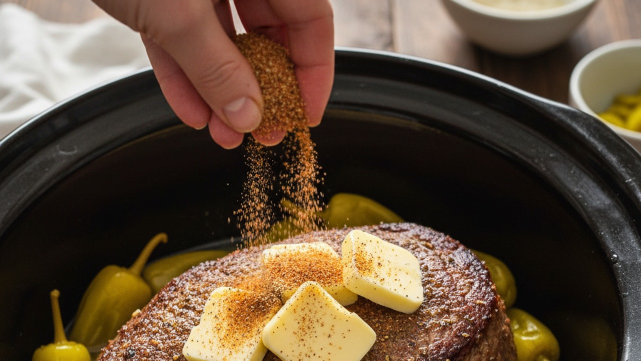 Top with seasoning mixes, butter, and pepperoncini